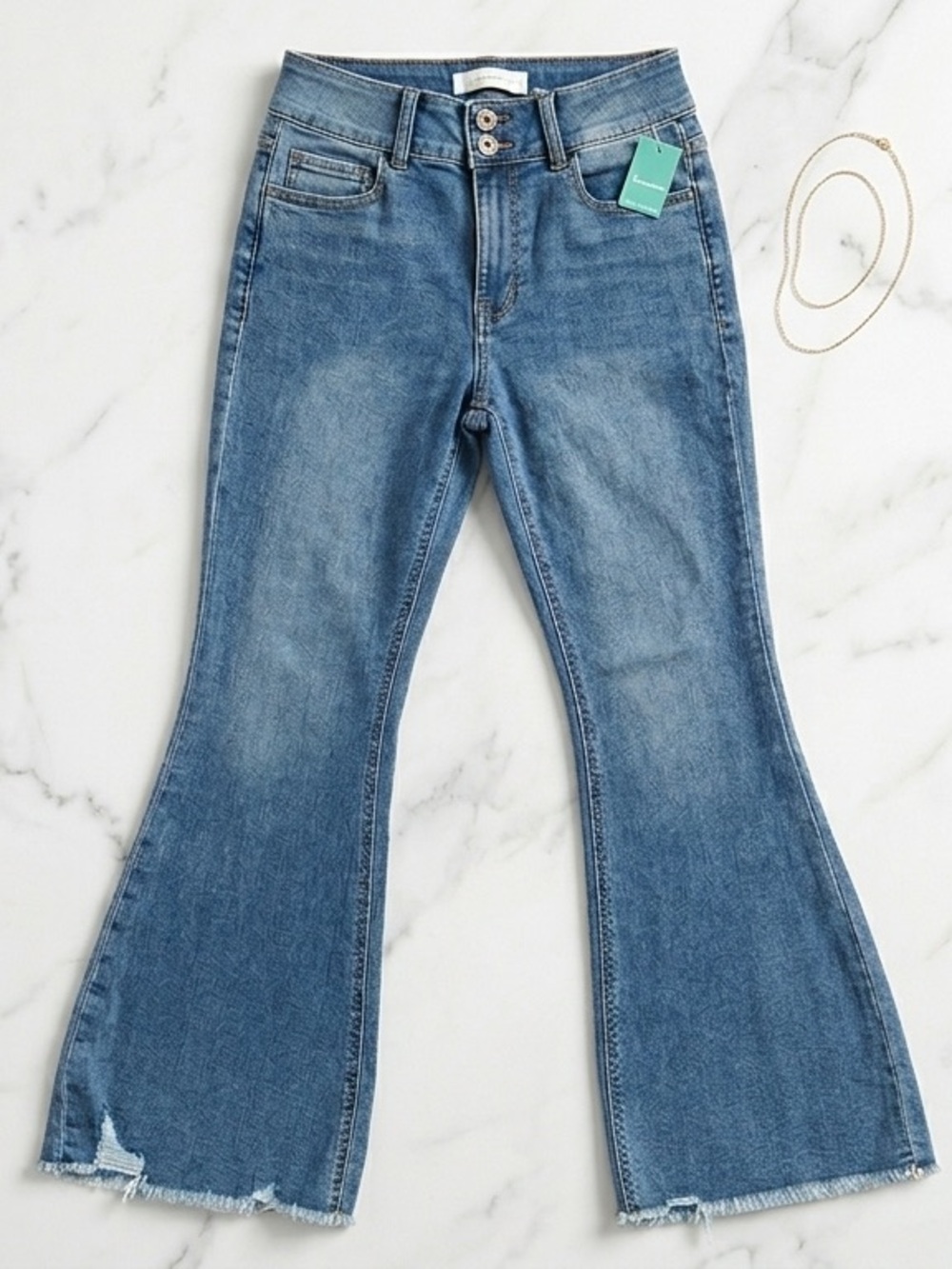 Maurices Women's Blue Flare Jeans Distressed Hem Wide Leg Size 6 30x30